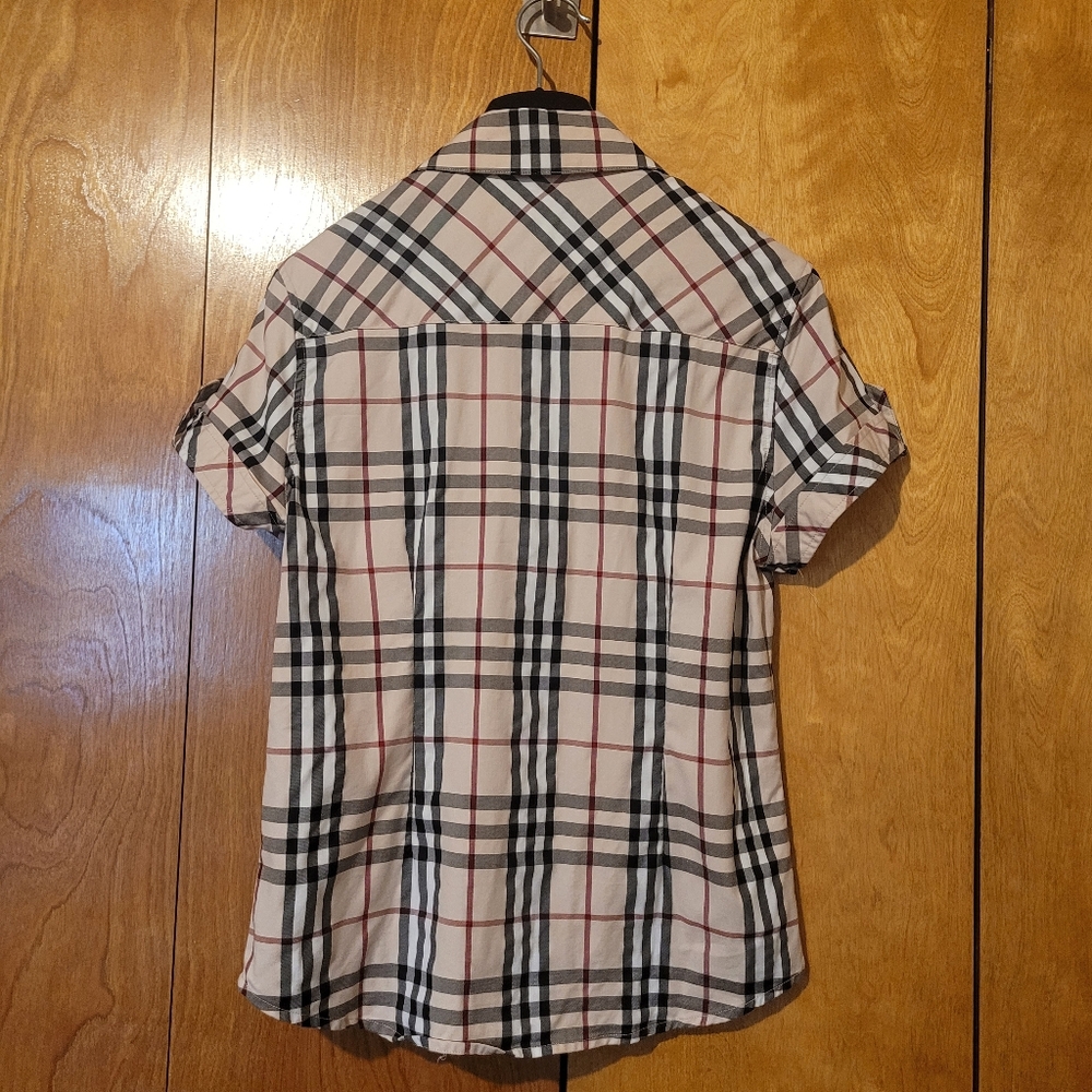 Burberry Beige, Black & Red Plaid Short Sleeve Button Down Shirt - Picture 7 of 15